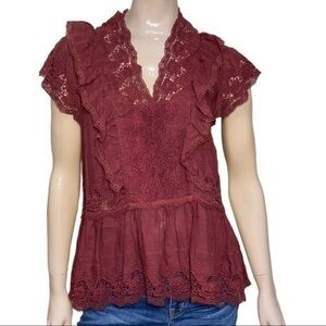 Misa Women’s Size XS Burgundy Maroon Lace Cotton Gauze Ruffled Cap Sleeve Shirt
